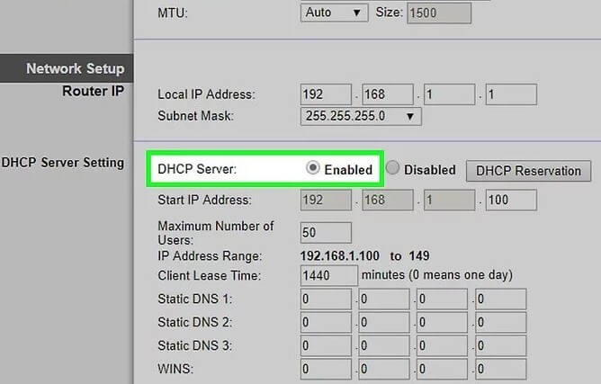 Enable your DHCP server setting