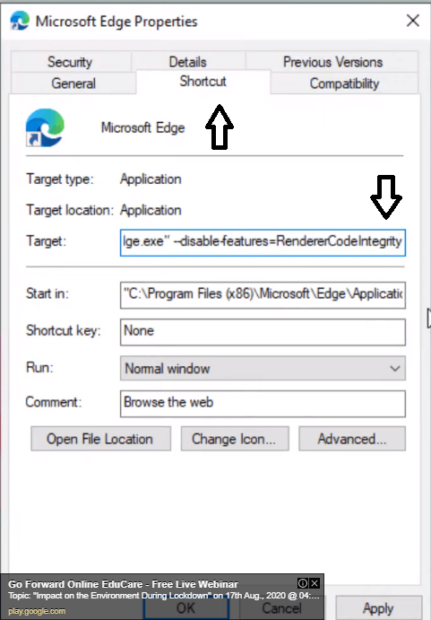 click on shortcut and copy paste text